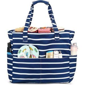 NEW Large Beach Tote Bag with Zipper Pockets Waterproof - Blue